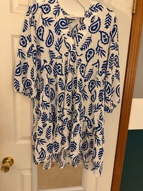 Blue & White Printed Mini Dress - Casual V-Neck